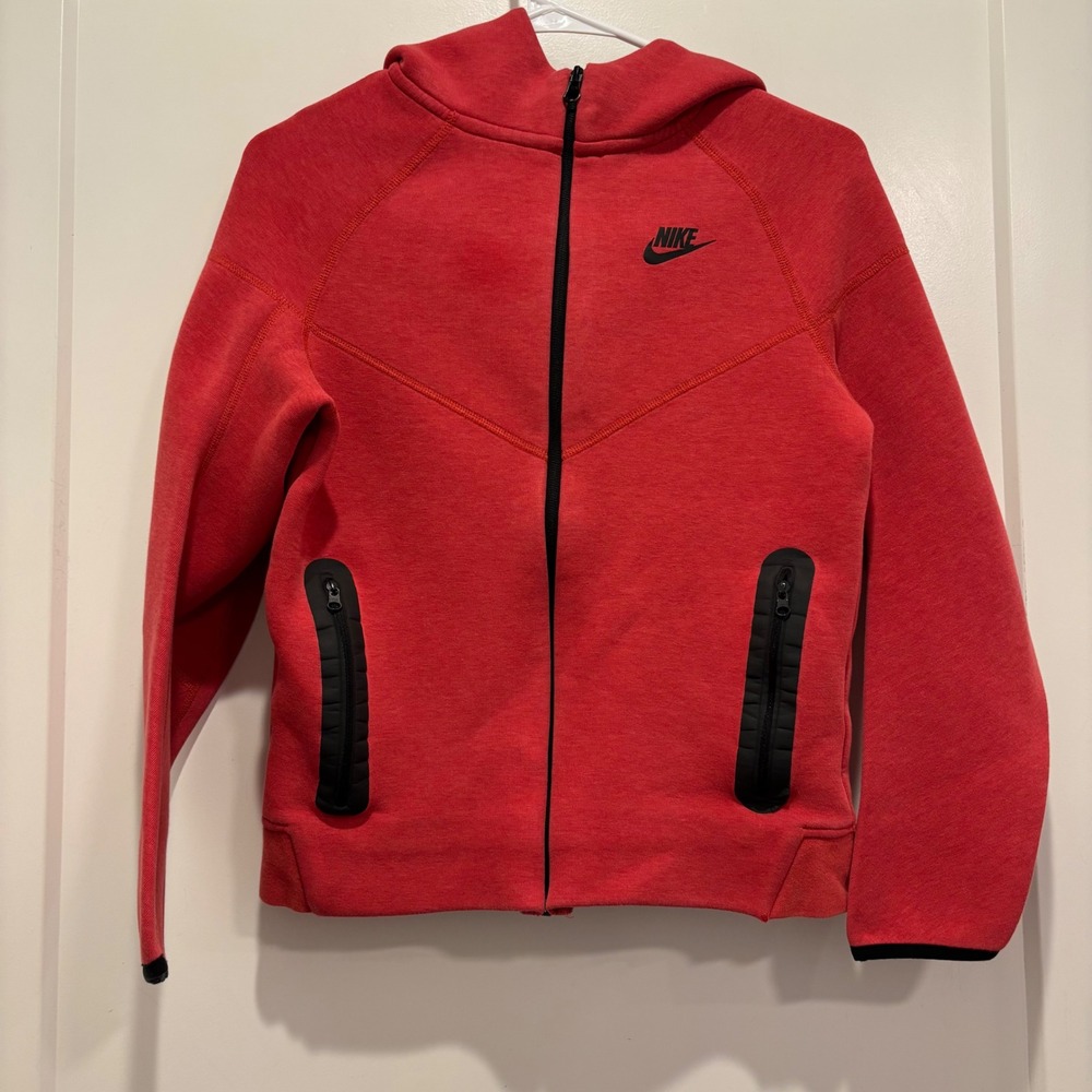 Nike Tech Fleece Full Zip Hoodie Red Heather Kids Large L Zip Up Sweatshirt